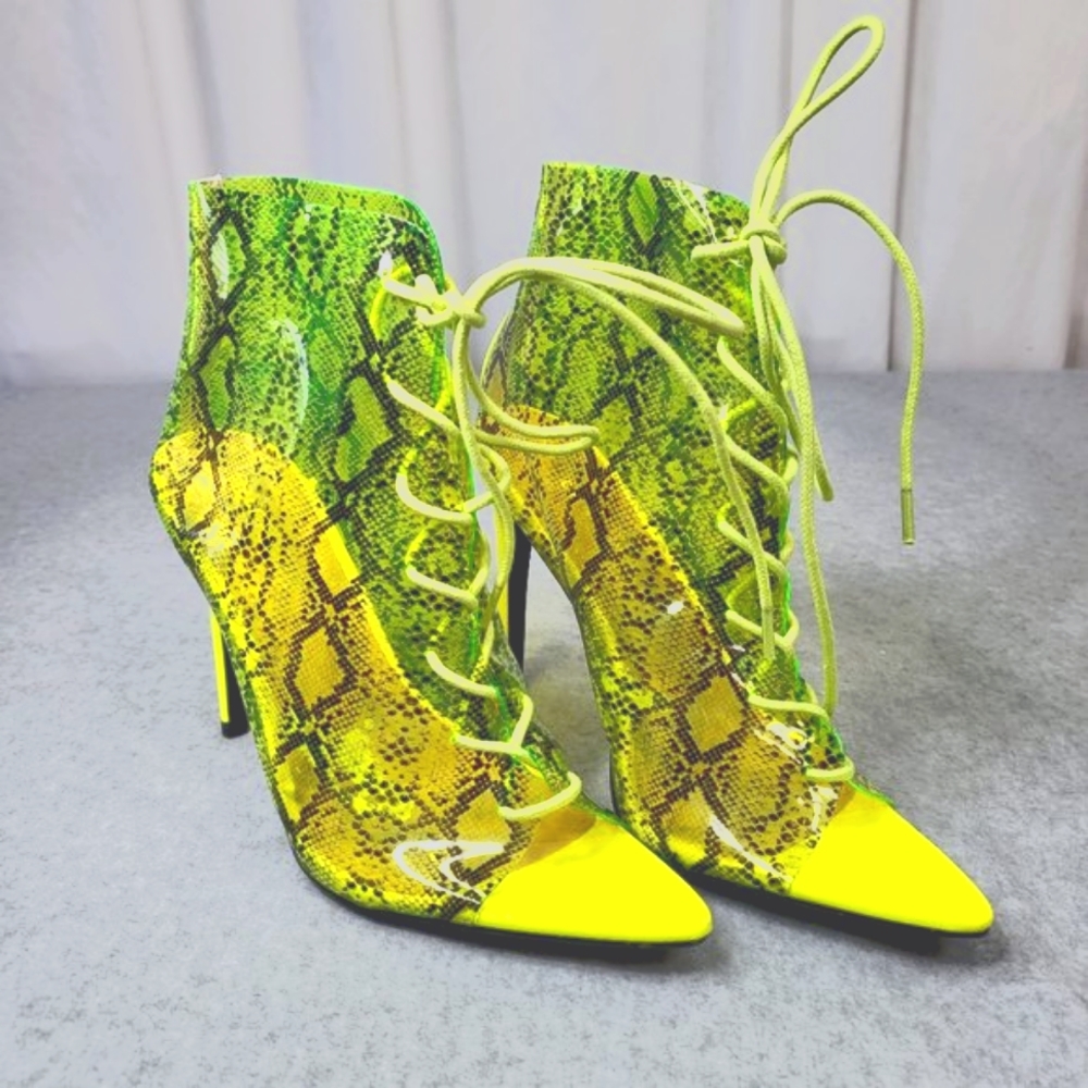 Cape Robbin JoJo Translucent Neon Yellow Lime Snake Print 4" Heel Ankle Boots